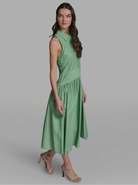Karl Lagerfeld Mint Green Striped Collared Midi Dress